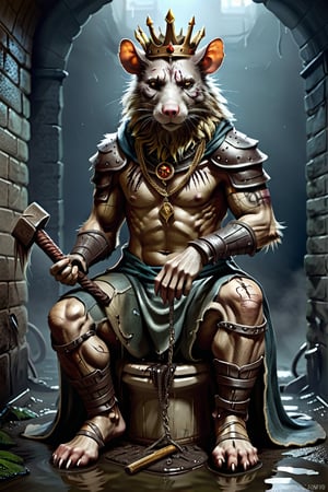 Please create a painted digital image of an anthropomorphic kat kig, in a realistic style.

digital art 8k,  a ripped,  muscluar,  humanoid rat sitting on a toilet in a dark damp sewer,  wearing a crown, the rat king is weilding a large sledge hammer over its shoulder. The rat king should have scars, wounds from battle, war tattoos, gold chains around his neck. The rat king should be wearing cargo shorts.
Behind his head reads "2024"

The rat king should look aggressive and defiant.