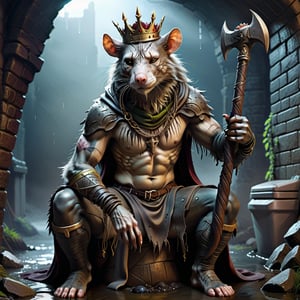 Please create a painted digital image of an anthropomorphic kat kig, in a realistic style.

digital art 8k,  a ripped,  muscluar,  humanoid rat sitting on a toilet in a dark damp sewer,  wearing a crown, the rat king is weilding a large sledge hammer over its shoulder. The rat king should have scars, wounds from battle, war tattoos, gold chains around his neck

The rat king should look aggressive and defiant.