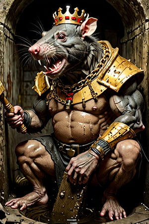 digital art 8k,  a ripped,  muscluar,  humanoid rat sitting on a golden toilet in a dark damp sewer,  wearing a crown, the rat king is weilding a large sledge hammer. The rat king should have scars, wounds from battle, war tattoos, gold chains around his neck. The rat king should have "kingrat_" text logo tattooed on his arm. "2024" text logo should be tattooed on his other arm.

The rat king should look aggressive and defiant.,band_bodysuit,Movie Still,Text,DonMn1ghtm4reXL