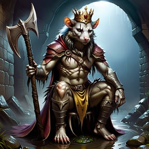 Please create a painted digital image of an anthropomorphic kat kig, in a realistic style.

digital art 8k,  a ripped,  muscluar,  humanoid rat sitting on a toilet in a dark damp sewer,  wearing a crown,  holding a large axe over its shoulder 

The rat king should look aggressive and defiant.

,LegendDarkFantasy