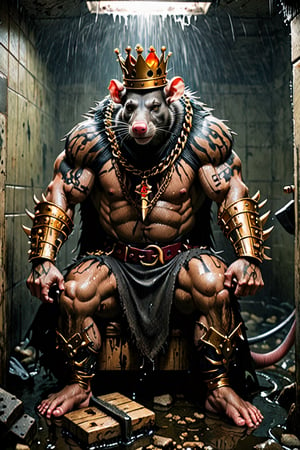 digital art 8k,  a ripped,  muscluar,  humanoid rat sitting on a toilet in a dark damp sewer,  wearing a crown, the rat king is weilding a large sledge hammer over its shoulder. The rat king should have scars, wounds from battle, war tattoos, gold chains around his neck. The rat king should have ((text "kingrat_" text)) tattooed on his arm.((text "2024" text)) text logo should be tattooed on his other arm. The rat king should have rat feet.

The rat king should look aggressive and defiant.,band_bodysuit,Movie Still,Text