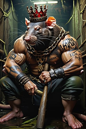 digital art 8k,  a ripped,  muscluar,  humanoid rat sitting on a toilet in a dark damp sewer,  wearing a crown, the rat king is weilding a large sledge hammer over its shoulder. The rat king should have scars, wounds from battle, war tattoos, gold chains around his neck. The rat king should have "kingrat_" text logo tattooed on his arm. "2024" text logo should be tattooed on his other arm.

The rat king should look aggressive and defiant.,band_bodysuit,Movie Still,Text,newhorrorfantasy_style