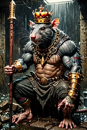 digital art 8k,  a ripped,  muscluar,  humanoid rat sitting on a toilet in a dark damp sewer,  wearing a crown, the rat king is weilding a large sledge hammer over its shoulder. The rat king should have scars, wounds from battle, war tattoos, gold chains around his neck. The rat king should have "kingrat_" text logo tattooed on his arm. "2024" text logo should be tattooed on his other arm. The rat king should have rat feet.

The rat king should look aggressive and defiant.,band_bodysuit,Movie Still,Text