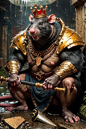 digital art 8k,  a ripped,  muscluar,  full body shot,  rabid rat sitting on a golden toilet in a dark damp sewer,  wearing a crown,  the rat king is holding a large sledge hammer. The rat king should have scars,  wounds from battle,  war tattoos,  gold chains around his neck. The rat king should have ((text "kingrat_" text)) tattooed on his arm.((text "2024" text)) text logo should be tattooed on his other arm. The rat king should have rat feet. , long sharp talons, matted fur, 1 long thin tail, evil looking, long nose

The rat king should look aggressive and defiantly at the viewer.