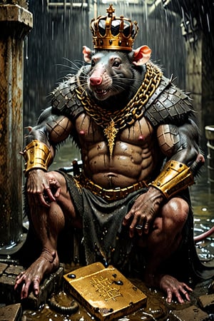 digital art 8k,  a ripped,  muscluar,  humanoid rat sitting on a golden toilet in a dark damp sewer,  wearing a crown, the rat king is weilding a large sledge hammer. The rat king should have scars, wounds from battle, war tattoos, gold chains around his neck. The rat king should have "kingrat_" text logo tattooed on his arm. "2024" text logo should be tattooed on his other arm.

The rat king should look aggressive and defiant.,band_bodysuit,Movie Still,Text,DonMn1ghtm4reXL