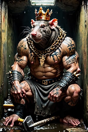 digital art 8k,  a ripped,  muscluar,  humanoid rat sitting on a toilet in a dark damp sewer,  wearing a crown, the rat king is weilding a large sledge hammer over its shoulder. The rat king should have scars, wounds from battle, war tattoos, gold chains around his neck. The rat king should have ((text "kingrat_" text)) tattooed on his arm.((text "2024" text)) text logo should be tattooed on his other arm. The rat king should have rat feet.

The rat king should look aggressive and defiant.,band_bodysuit,Movie Still,Text