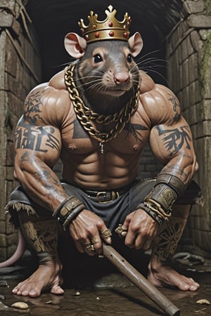 digital art 8k,  a ripped,  muscluar,  humanoid rat sitting on a toilet in a dark damp sewer,  wearing a crown, the rat king is weilding a large sledge hammer over its shoulder. The rat king should have scars, wounds from battle, war tattoos, gold chains around his neck. The rat king should have "kingrat_" text logo tattooed on his arm. "2024" text logo should be tattooed on his other arm.

The rat king should look aggressive and defiant.,band_bodysuit,Movie Still,Text,newhorrorfantasy_style,Ukiyo-e