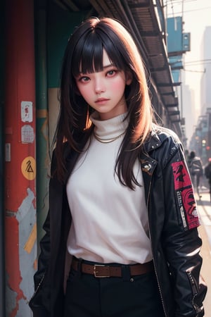 editorial photography,super detailed background,Super realistic,double exposure,depth of field,stylish fashion model vibes,soft focus colorfull tone,narrative scene,beauty skinny,long Straight hair,blunt bangs,ultra-narrow eyes,under the elevated line,wabi-sabi cyberpunk alley,portrait,