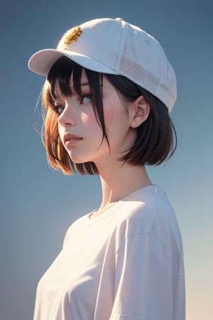 editorial photography,super detailed background,Super realistic,double exposure,depth of field,stylish fashion model vibes,soft focus tone,narrative scene,beautiful skinny female,negative fill,very-short bob hairstyle,portrait photo,Plain long-sleeved T-shirt,cap,
