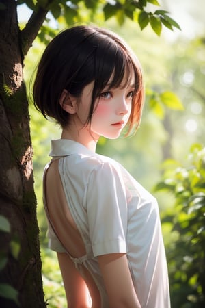 editorial photography,super detailed background,Super realistic,double exposure,depth of field,pure-hearted innocent vibes,soft focus tone,narrative scene,skinny beauty,super short straight hairstyle,behind the tree,innocent body,