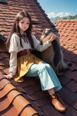 editorial photography,super detailed background,Super realistic,double exposure,depth of field,cute vibes,soft focus tone,narrative scene,super minimum,dwarf,Thumbelina,pygmy,elvis,full body,sit on the edge of a roof,Improbable size balance,Fantastic world,