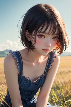 editorial photography,super detailed background,Super realistic,double exposure,depth of field,pure-hearted innocent vibes,soft focus tone,narrative scene,skinny beauty,super short straight hairstyle,leaning against grassland breeze,