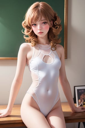 editorial photography,super detailed background,Super realistic,double exposure,depth of field,doll vibes,soft focus tone,narrative scene,skinny,elastomer android,innocent pose,modern style,playing in the privateroom,cinnamon curl hair,school swimsuit,Clear fine white skin,