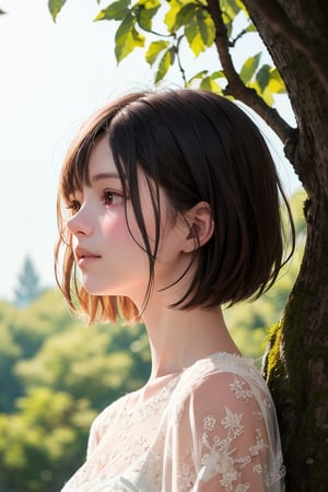 editorial photography,super detailed background,Super realistic,double exposure,depth of field,pure-hearted innocent vibes,soft focus tone,narrative scene,skinny beauty,super short straight hairstyle,behind the giant tree,