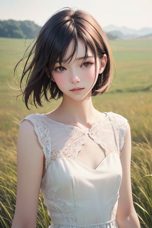 editorial photography,super detailed background,Super realistic,double exposure,depth of field,pure-hearted innocent vibes,soft focus tone,narrative scene,skinny beauty,super short straight hairstyle,leaning against grassland breeze,