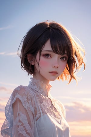 editorial photography,super detailed background,Super realistic,double exposure,depth of field,pure-hearted innocent vibes,soft focus tone,narrative scene,skinny beauty,super short straight hairstyle,leaning against a breeze,