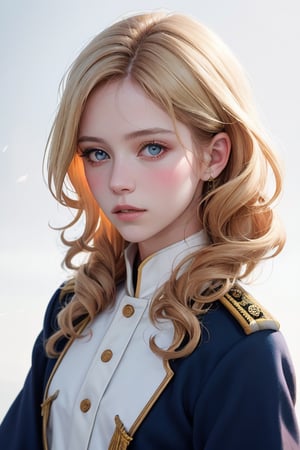 editorial photography,super detailed background,Super realistic,double exposure,depth of field,fashionable vibes,soft focus white tone,narrative scene,skinny,cinnamon curl blonde hair,military uniform,portrait photo,