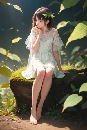 editorial photography,super detailed background,Super realistic,double exposure,depth of field,cute vibes,soft focus tone,narrative scene,super skinny,dwarf,moonlight,Thumbelina,pygmy,elvis,full body,sit on the edge of a leaf,Improbable size balance,