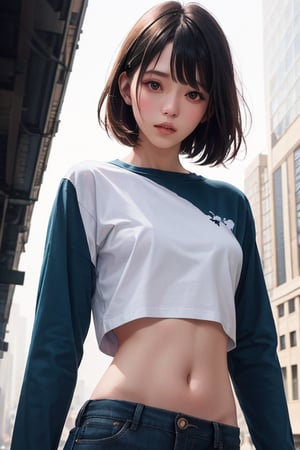 editorial photography,super detailed background,Super realistic,double exposure,depth of field,high fashion vibes,soft focus tone,narrative scene,beautiful skinny female,negative fill,ultra-short bob hairstyle,portrait photo,white skin,Plain long-sleeved T-shirt,navel,