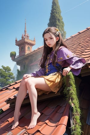 editorial photography,super detailed background,Super realistic,double exposure,depth of field,cute fantasy vibes,soft focus tone,narrative scene,super minimum,dwarf,Thumbelina,pygmy,elvis,full body,sit on the edge of a roof,Improbable size balance,Fantastic world,
