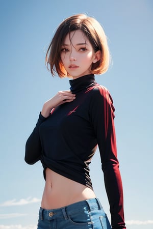 editorial photography,super detailed background,Super realistic,double exposure,depth of field,stylish fashion model vibes,soft focus tone,narrative scene,beautiful skinny female,negative fill,very-short bob hairstyle,portrait photo,Plain long-sleeved T-shirt,navel,cap,