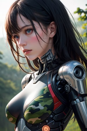 editorial photography,super detailed background,Super realistic,double exposure,depth of field,beauty vibes,soft focus tone,narrative scene,skinny,latex cyborg with a Detailed camouflage body,portrait,secret operation,