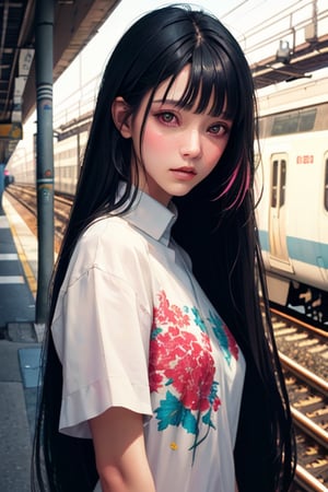 editorial photography,super detailed background,Super realistic,double exposure,depth of field,stylish fashion model vibes,soft focus colorfull tone,narrative scene,beauty skinny,long Straight hair,blunt bangs,ultra-narrow eyes,under the elevated line,wabi-sabi cyberpunk alley,portrait,train,