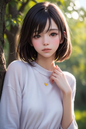 editorial photography,super detailed background,Super realistic,double exposure,depth of field,pure-hearted innocent vibes,soft focus tone,narrative scene,skinny beauty,super short straight hairstyle,leaning against a huge tree,