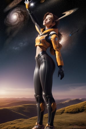 Masterpiece, Best Quality, High resolution, Ultra-detailed,Girl standing on a hill overlooking the sky, stars planets selfie full figure 32k,hyper detail, hyper quality, hyper detail equipment,8k,Accurate anthro Anatomy,Enchant Color,Dynamic Lighted space