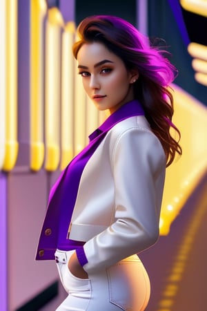 (realistic:1.4) professional photography: of a beautiful Women,wear purple jeans, yellow top and white jacket, UHD,full view, dynamic angle,dynamic pose, Canon EOS R6, Prime lens photography, perfectly balanced dim lighting, Real human skin, White balance, Sharp details , xxmix girl,OHWX WOMAN,OHWX 