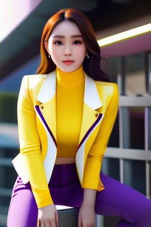 (realistic:1.4) professional photography: of a beautiful Women,wear purple jeans, yellow top and white jacket, UHD,full view, dynamic angle,dynamic pose, Canon EOS R6, Prime lens photography, perfectly balanced dim lighting, Real human skin, White balance, Sharp details , xxmix girl,OHWX WOMAN,OHWX 