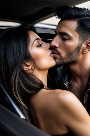 man kiss women in love in super car, full view, Man's Stylish black hair,lady's blond hair, hyper realistic ultra 4k quality,High def, ultra detailed