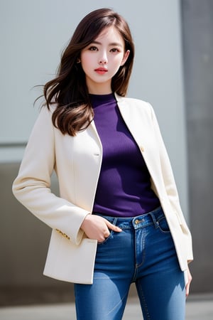 (realistic:1.4) professional photography: of a beautiful Women,wear purple jeans, yellow top and white jacket, UHD,full view, dynamic angle,dynamic pose, Canon EOS R6, Prime lens photography, perfectly balanced dim lighting, Real human skin, White balance, Sharp details , xxmix girl,OHWX WOMAN,OHWX 