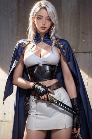 photorealistic, (hyperrealistic:1.2), beautiful, masterpiece, large breast, best quality, perfect lighting, , derpd, 1girl, ground, weapon, sword, long hair, gloves, armor, fingerless gloves, cape, weapon on back, face, bag, sheathed, white hair, standing, scabbard, katana, ripped clothes, cowboy shot, detailed hands and fingers,perfecteyes