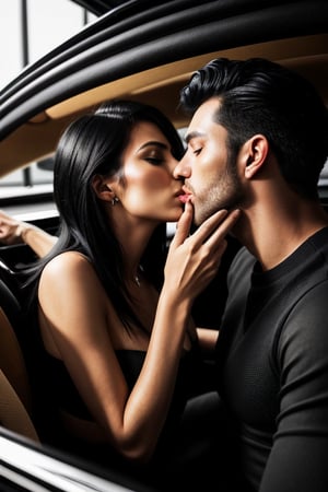 man kiss women in love in super car, full view, Man's Stylish black hair,lady's blond hair, hyper realistic ultra 4k quality,High def, ultra detailed