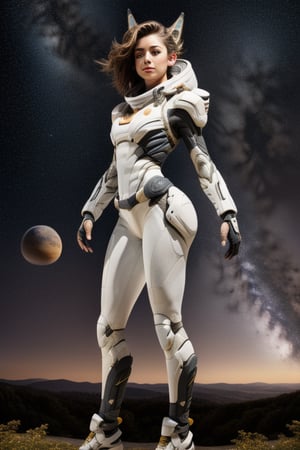 Masterpiece, Best Quality, High resolution, Ultra-detailed,Girl standing on a hill overlooking the sky, full figure, stars planets 32k,hyper detail, hyper quality, hyper detail equipment,dynamic pose,8k,Accurate anthro Anatomy,Enchant Color,Dynamic Lighted space