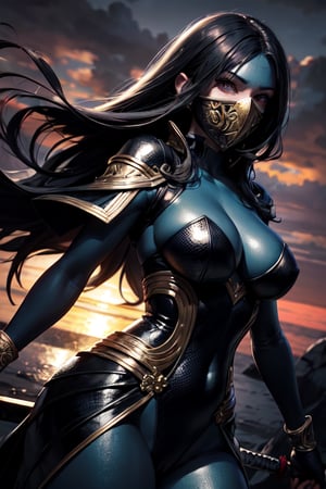 lady Samurai with blue and green fully loaded amour with covered face good looking holding two sided long gold sword good body figure standing on the edge of cliff with sunset in the background (best quality, masterpiece, colorful, dynamic angle, highest detailed),detailed eyes, dressing high detailed (high resolution textures), in dynamic pose, (intricate details, hyperdetailed:1.15), detailed, sunlight passing through hair, colorful splash art background, (high contrast,extreme detailed, highest detailed),