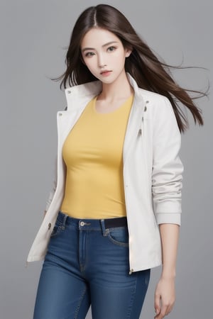 (realistic:1.4) professional photography: of a beautiful Women,wear purple jeans, yellow top and white jacket, UHD,full view, dynamic angle,dynamic pose, Canon EOS R6, Prime lens photography, perfectly balanced dim lighting, Real human skin, White balance, Sharp details , xxmix girl,OHWX WOMAN,OHWX 