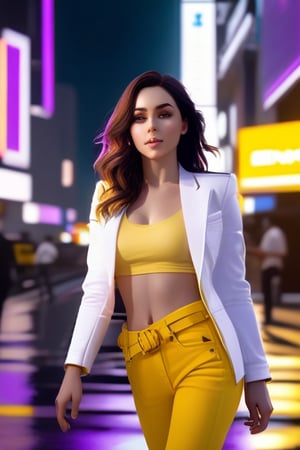 (realistic:1.4) professional photography: of a beautiful Women,wear purple jeans, yellow top and white jacket, UHD,full view, dynamic angle,dynamic pose, Canon EOS R6, Prime lens photography, perfectly balanced dim lighting, Real human skin, White balance, Sharp details , xxmix girl,OHWX WOMAN