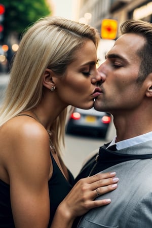 man kiss women in street bike,Man's Stylish hair,lady's blond hair, hyper realistic ultra 4k quality,High def, ultra detailed