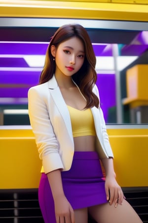 (realistic:1.4) professional photography: of a Handsome Women,wear  purple skirt, yellow top and white jacket, UHD, perfect white balance, Alberto, Canon EOS R6, Prime lens photography, perfectly balanced dim lighting, Real human skin, White balance, Sharp details , xxmix girl
