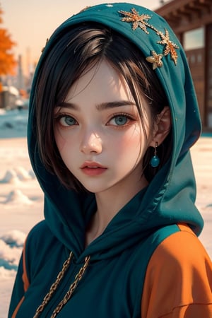 (masterpiece:1.2, best quality),1girl,upper body,snowfall,cute face,25 yrs old,sharp focus,detailed face,highly detailed,3d,8k render,16k,perfect breasts,short hairs,bobcut hairs,metal reflections,beatiful girl,portrait of a girl,wearing hoodie,sunlight,natural light reflection on face,award winning,realistic,photorealistic,real skintone,raw skintone,hyperrealistic,most beautiful girl,natural lighting,focus,far away snow castle,cinematic lighting, (film grain, blurry background),chainmail, bokeh, high contrast, (teal and orange:1.4), (muted colors, dim colors, soothing tones:1.3), low saturation,