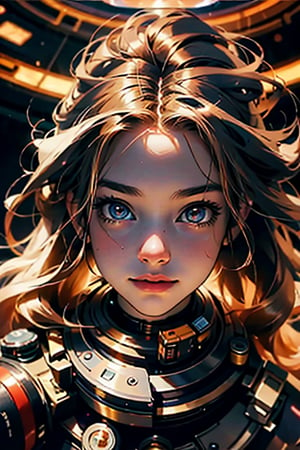 (masterpiece), selfie, centered, Instagram able, steampunk astronaut 1girl, cute smile, red ribbon, long wavy hair, blonde hair, red eyes, steampunk spaceship interior, space background, stray hair, fisheye effect, backlight, dynamic lighting, reflection, depth of field, ultra detailed, intricate, (epic composition, epic proportion), professional work,FF,mecha