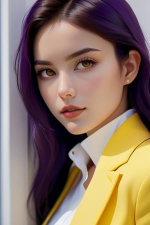 (realistic:1.4) professional photography: of a Handsome Women,wear  purple jeans, yellow top and white jacket, UHD, perfect white balance, Alberto, Canon EOS R6, Prime lens photography, perfectly balanced dim lighting, Real human skin, White balance, Sharp details , xxmix girl