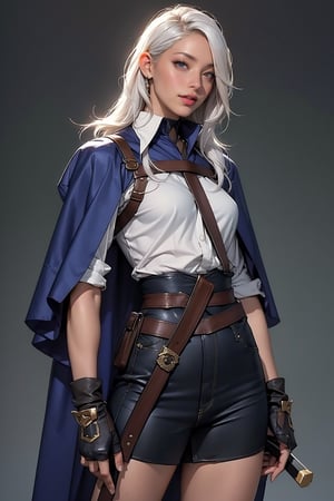 photorealistic, (hyperrealistic:1.2), beautiful, masterpiece, best quality, perfect lighting, , derpd, 1girl, ground, weapon, sword, long hair, gloves, armor, fingerless gloves, cape, weapon on back, face, bag, sheathed, white hair, standing, scabbard, katana, ripped clothes, cowboy shot, detailed hands and fingers,