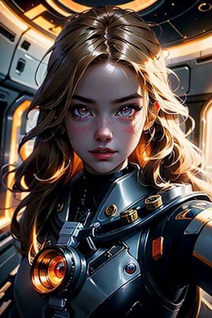 (masterpiece), selfie, centered, Instagram able, steampunk astronaut 1girl, cute smile, red ribbon, long wavy hair, blonde hair, red eyes, steampunk spaceship interior, space background, stray hair, fisheye effect, backlight, dynamic lighting, reflection, depth of field, ultra detailed, intricate, (epic composition, epic proportion), professional work,FF,mecha