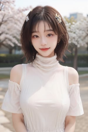 1girl, solo, short hair, brown hair, hair ornament, dress, brown eyes, upper body, flower, outdoors, day, ((white high turtle neck dress)), blurry, lips, huge breasts, emphasis on breasts curve, blurry background, looking at viewer, shy smile, realistic,dreamgirl,hk_girl