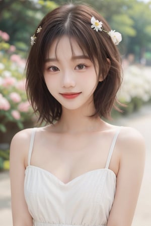 1girl, solo, short hair, brown hair, hair ornament, dress, brown eyes, upper body, flower, outdoors, day, white dress, blurry, lips, big breasts, blurry background, looking at viewer, shy smile, realistic,dreamgirl,hk_girl