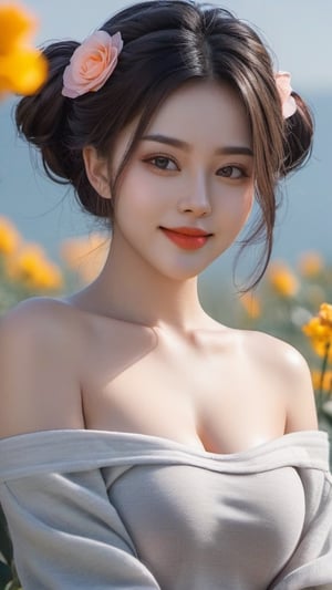 1girl,Asian, sharp focus, highly detailed, trending on Flickr, 4k,xxmix girl, flowers head dressing, seductive smile, hair tied in a bun, grey hair, 
perfect face with details, huge breasts, lips, transparent bandeau, see-through. 
bikini, see-through.
hands in gloves
close up, full body view