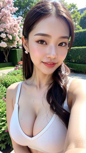 masterpiece, light tracking, gradual blend, highest quality, raw photo, ultra realistic,
Chinese girl, pure face, 20 yo, sexy smile, deductive smile, (cleavage:0.9), bokeh, earrings, long ponytail, hair over shoulders, uncovered shoulders, sexy shoulders, posing, flowers head dressing, white flowers, pink flowers, flowers head ring, facing viewer, front view, close up, breasts, pink lips, slightly open mouth, garden background with giant flowers
